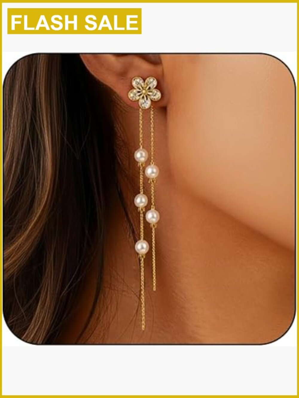 14K Gold Plated Floral Pearl Drop Dangle Earrings Hypoallergenic Dainty Chain